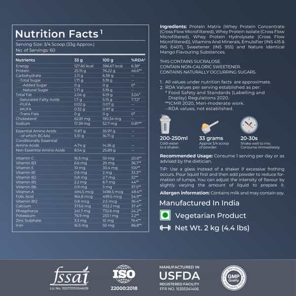 Nutrabay Gold Tri Blend Whey Protein Powder - 25G Protein | 5.5G Bcaa - 2Kg | Mango Milkshake