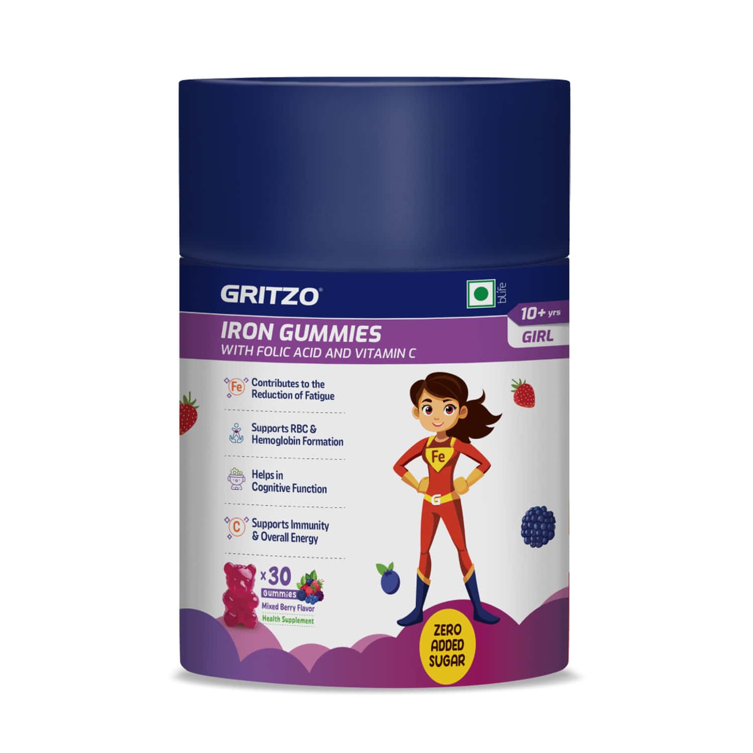 Gritzo Iron Gummies With Folic Acid For 10+ Years Girls | (mixed Berry Flavour | 30 Gummies)