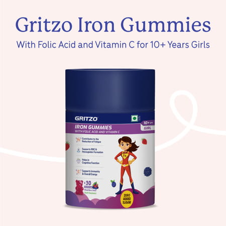 Gritzo Iron Gummies With Folic Acid For 10+ Years Girls | (Mixed Berry Flavour | 30 Gummies)