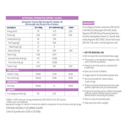 Gritzo Iron Gummies With Folic Acid For 10+ Years Girls | (Mixed Berry Flavour | 30 Gummies)