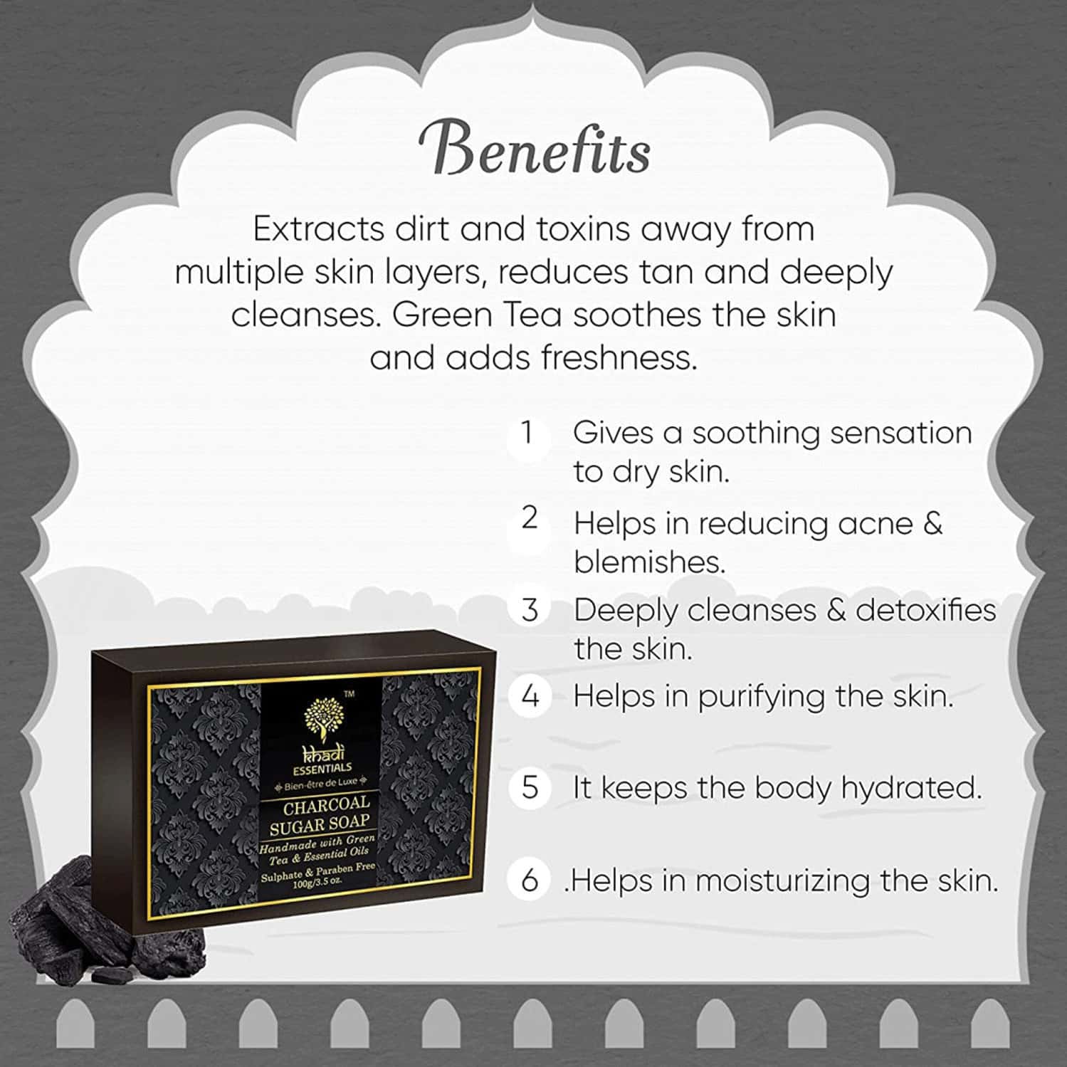 Buy KHADI ESSENTIALS AYURVEDIC ACTIVATED CHARCOAL SUGAR SOAP WITH GREEN