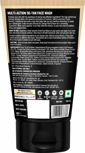 Man Arden Daily Multi-Action De-Tan Facewash For Men | With Luxurious Blend Saffron + Rose 100 Ml