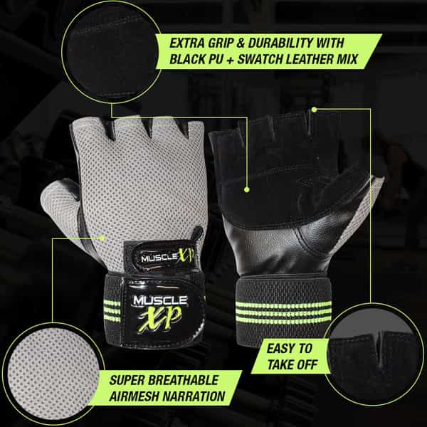Musclexp Chroma-Fit Black Workout Gym Gloves For Weight Lifting Cycling Black Green & Grey 1 Pair