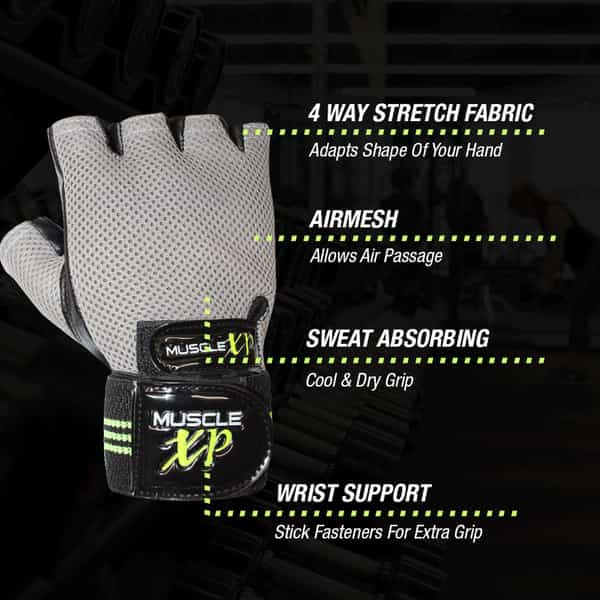Musclexp Chroma-Fit Black Workout Gym Gloves For Weight Lifting Cycling Black Green & Grey 1 Pair