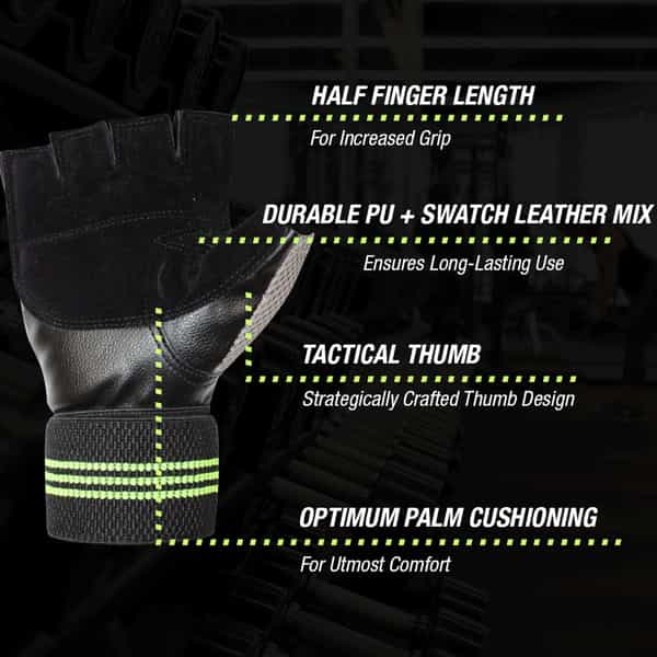 Musclexp Chroma-Fit Black Workout Gym Gloves For Weight Lifting Cycling Black Green & Grey 1 Pair
