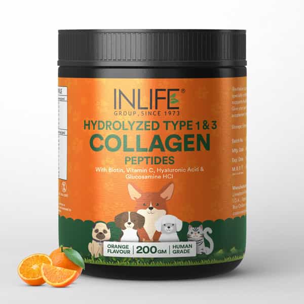 Inlife Collagen For Dogs & Cats| Hydrolyzed Collagen Powder For Skin | Coat & Joints | 200G (Orange)