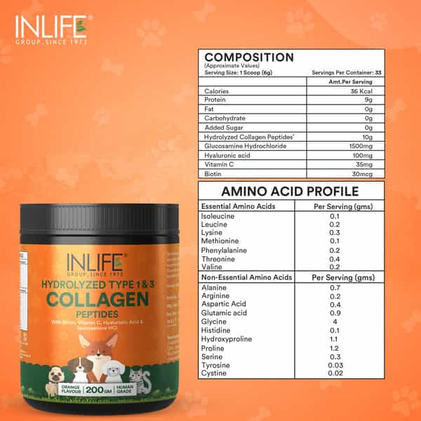 Inlife Collagen For Dogs & Cats| Hydrolyzed Collagen Powder For Skin | Coat & Joints | 200G (Orange)
