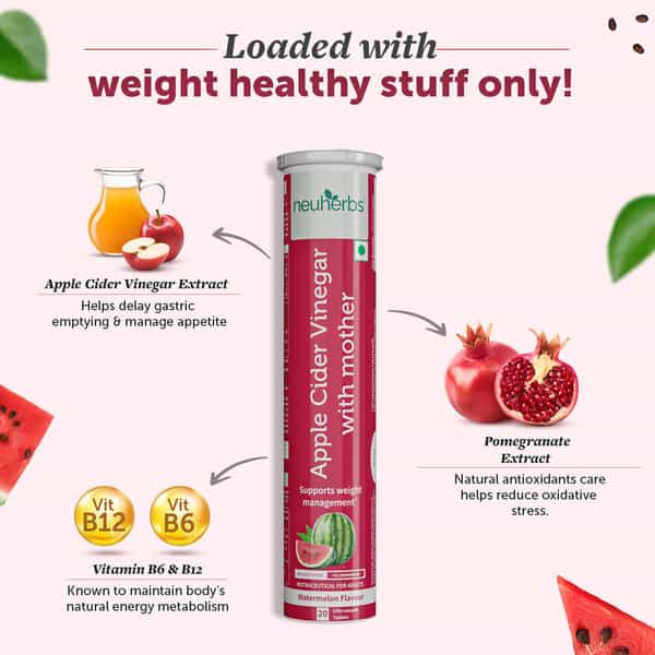 Neuherbs Apple Cider Vinegar Watermelon Flavour 20 Effervescent Tablets For Weight Management