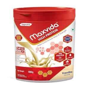 Maxvida High Protein To Help Build Muscle Mass And Strength In Adults & Elderly Vanilla Jar 400 Gm