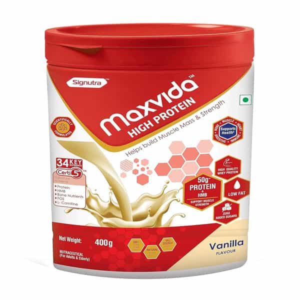 Maxvida High Protein To Help Build Muscle Mass And Strength In Adults & Elderly Vanilla Jar 400 Gm