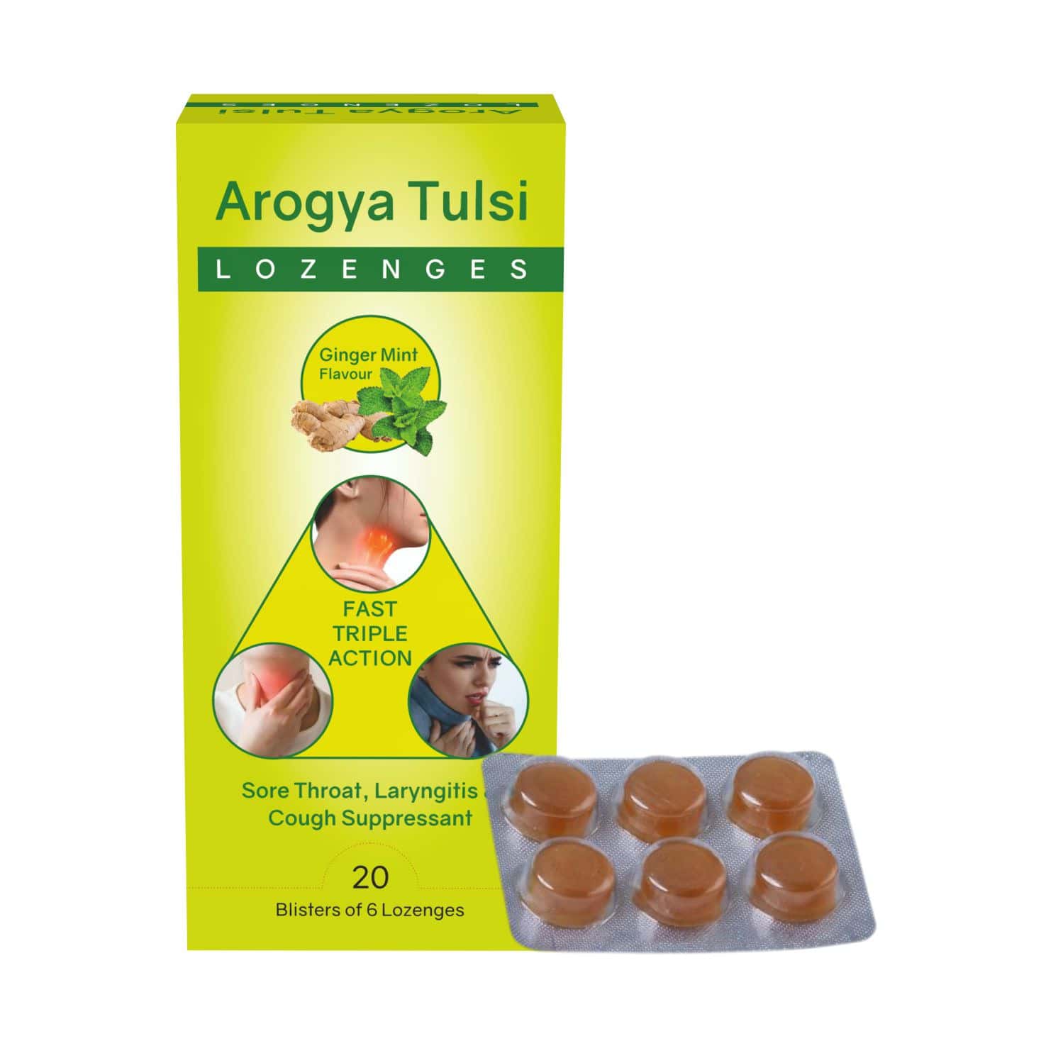 Arogya Tulsi Lozenges (ginger Mint Flavour) 6 Tab | Cough & Sore Throat (pack Of 20)