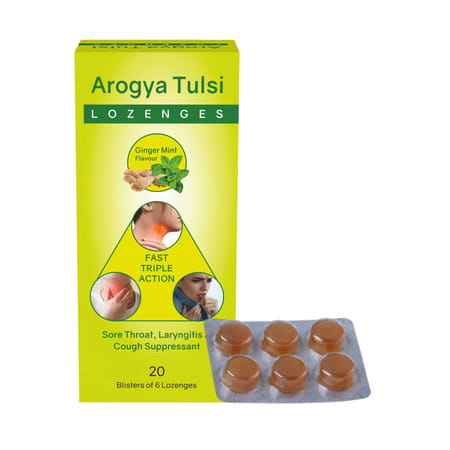 Arogya Tulsi Lozenges (Ginger Mint Flavour) 6 Tab | Cough & Sore Throat (Pack Of 20)