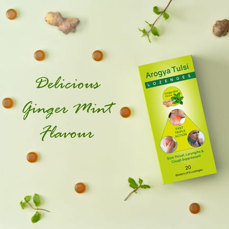 Arogya Tulsi Lozenges (Ginger Mint Flavour) 6 Tab | Cough & Sore Throat (Pack Of 20)