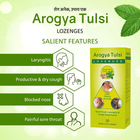Arogya Tulsi Lozenges (Ginger Mint Flavour) 6 Tab | Cough & Sore Throat (Pack Of 20)