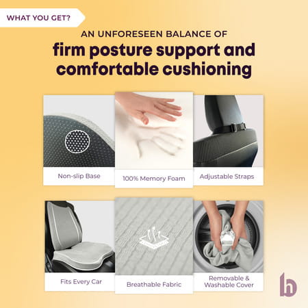 Betterhood Grey Memory Foam Ergonomic Lumbar Back Support And Seat Cushion Combo For Car