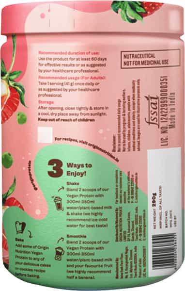 Origin Nutrition 100% Natural Vegan Plant Protein Powder Strawberry Flavour With 25G Based Protein