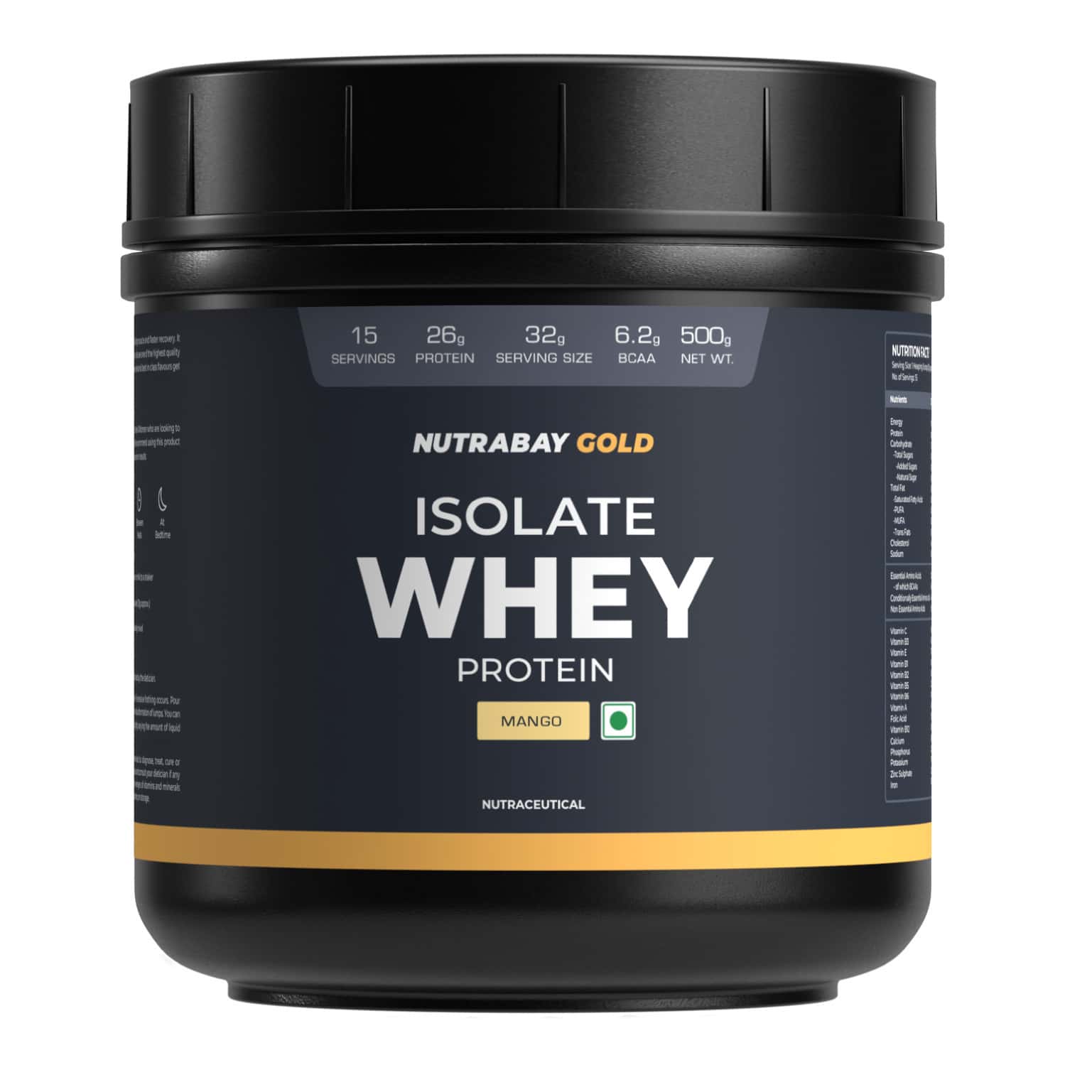 Nutrabay Gold 100% Whey Protein Isolate|26g Protein|muscle Support & Recovery|mango|500g
