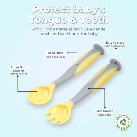 R For Rabbit Premium Safe Feed Flexi Baby Spoon & Fork Set|For Kids 6+ Months (Yellow Grey)