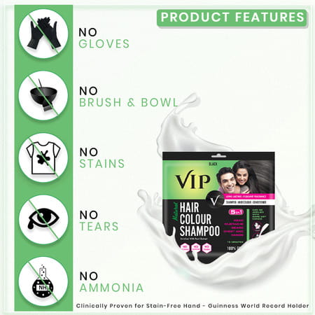 Vip Hair Colour Shampoo 40ml Black (Pack Of 3) - Instant Hair Color In 15 Mins - Long Lasting