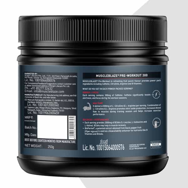 Muscleblaze Pre Workout 300, 300 Mg Caffeine, 3000 Mg Citrulline (Fruit Punch, 250 G, 31 Servings)