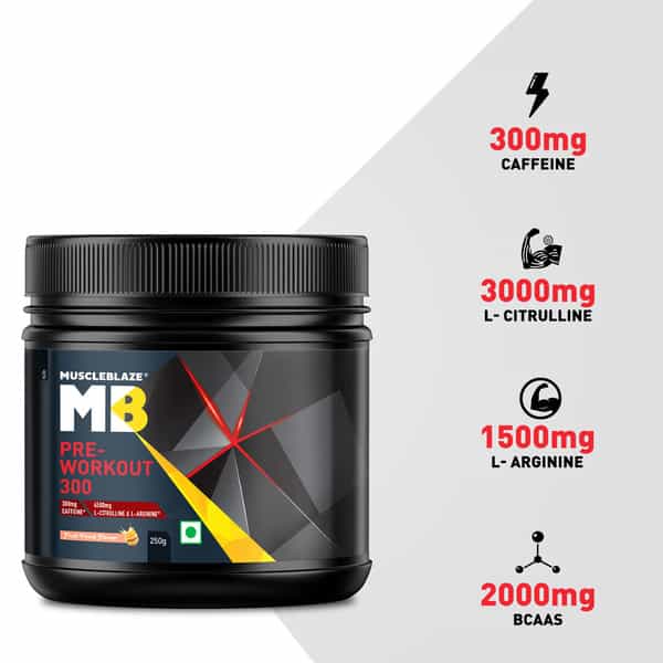 Muscleblaze Pre Workout 300, 300 Mg Caffeine, 3000 Mg Citrulline (Fruit Punch, 250 G, 31 Servings)
