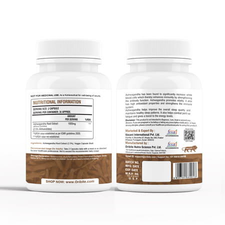 Oribite Ashwagandha 1500mg Capsules For Stress Relief 60 Capsules