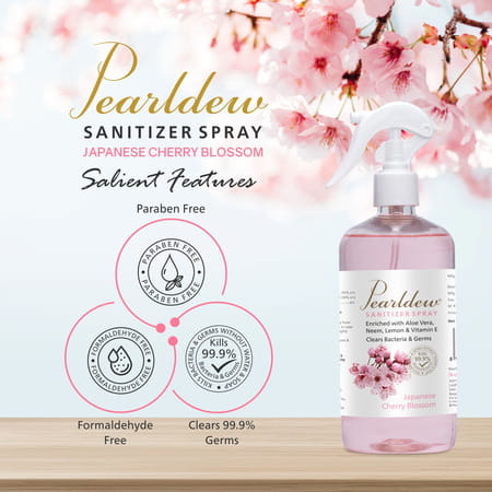 Pearldew Sanitizer Spray (Cherry Blossom) 500 Ml | Aloe & Neem | Paraben Free (Pack Of 4)