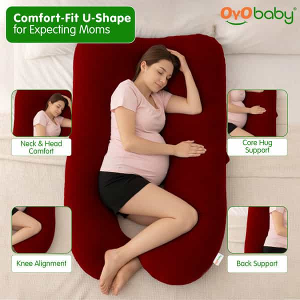 Oyo Baby Maternity Pillows | U-Shaped Pillow With Washable Premium Velvet Cover (Maroon)