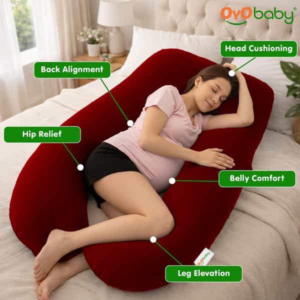 Oyo Baby Maternity Pillows | U-Shaped Pillow With Washable Premium Velvet Cover (Maroon)