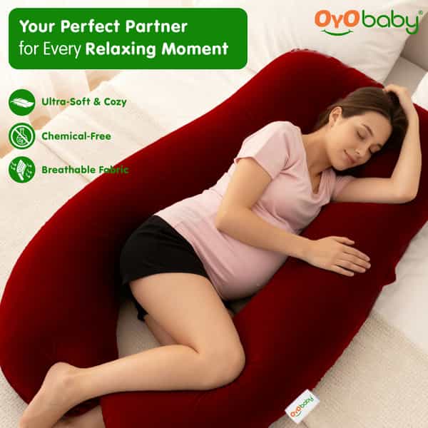 Oyo Baby Maternity Pillows | U-Shaped Pillow With Washable Premium Velvet Cover (Maroon)