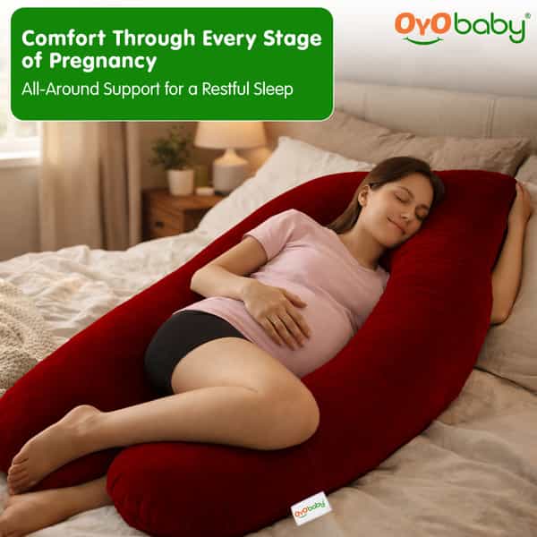 Oyo Baby Maternity Pillows | U-Shaped Pillow With Washable Premium Velvet Cover (Maroon)