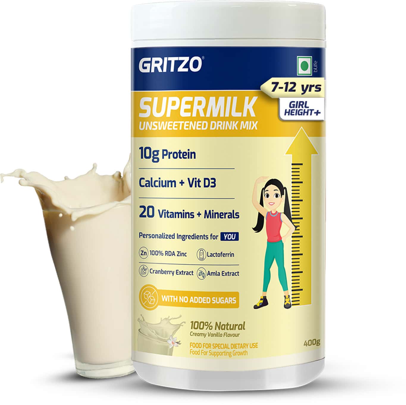 Gritzo Supermilk Height+ Drink Mix For Girls | 7 To 12 Years | 400g | Creamy Vanilla