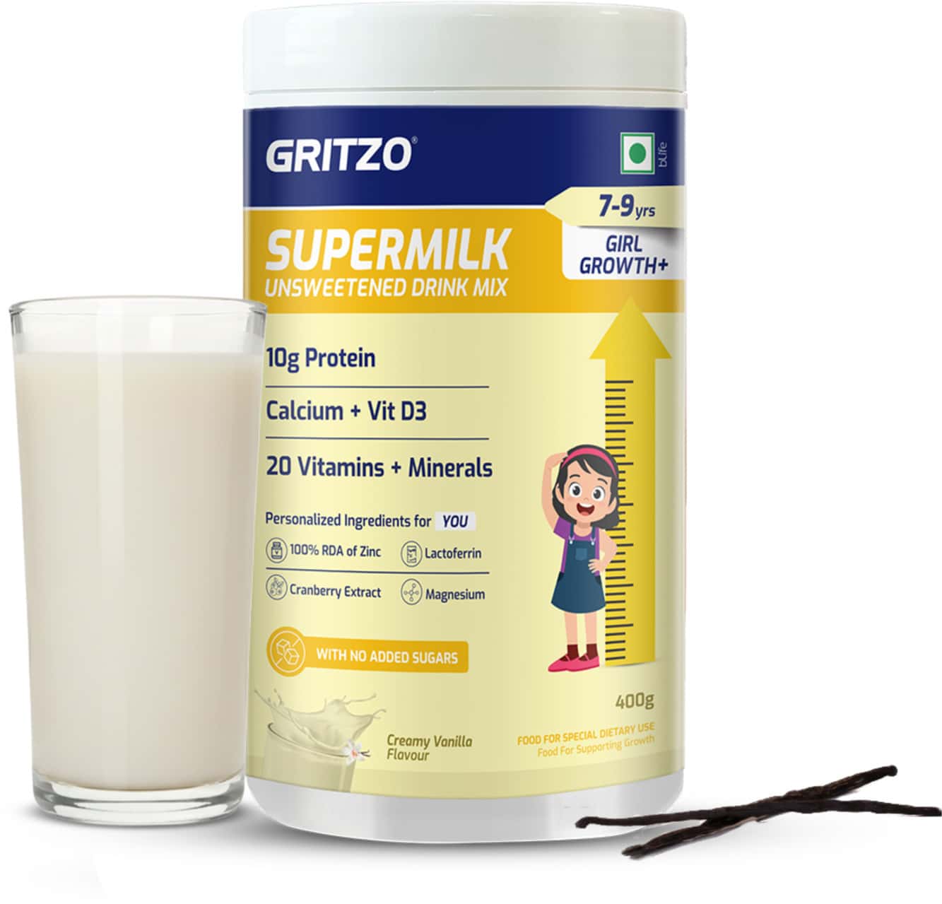 Gritzo Supermilk Growth+ (formerly Height+) Unsweetened (7-9y Girls) (creamy Vanilla | 400g)