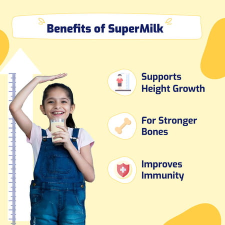 Gritzo Supermilk Height+ Drink Mix For Girls | 7 To 12 Years | 400g | Creamy Vanilla