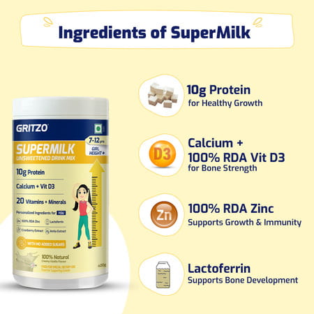 Gritzo Supermilk Height+ Drink Mix For Girls | 7 To 12 Years | 400g | Creamy Vanilla