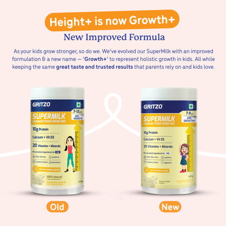 Gritzo Supermilk Growth+ (Formerly Height+) Unsweetened (7-9y Girls) (Creamy Vanilla | 400g)