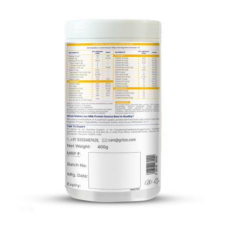 Gritzo Supermilk Growth+ (Formerly Height+) Unsweetened (7-9y Girls) (Creamy Vanilla | 400g)