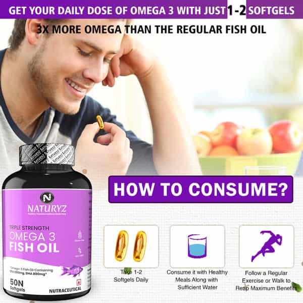 Naturyz Triple Strength Omega 3 Fish Oil Capsules With Highest Epa 1200Mg | Dha 800Mg - 50 Softgels