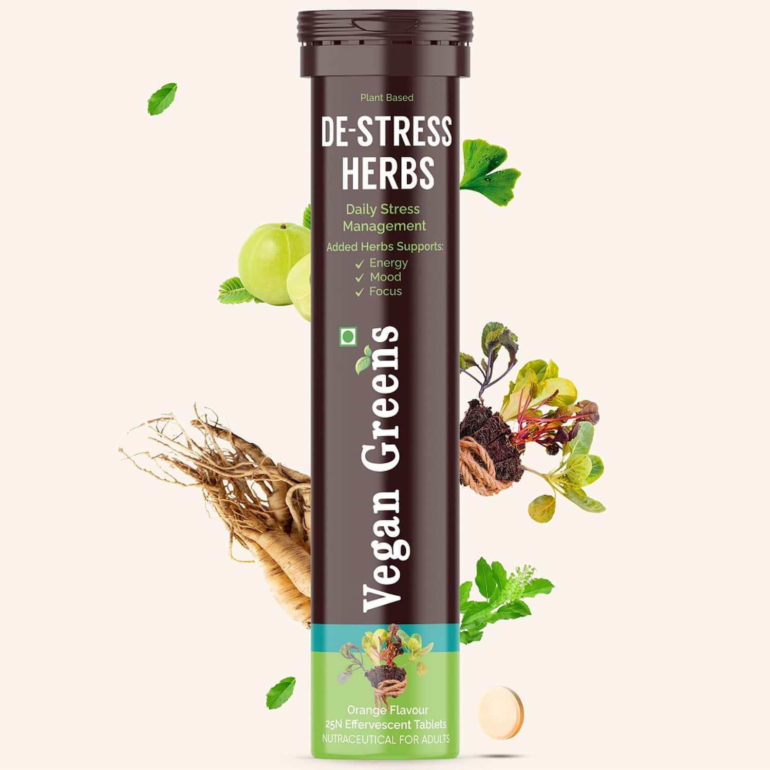 Vegan Greens Plant Based De-stress Ayurvedic Natural Herbs. Daily Stress Management 25 Effer.,orange