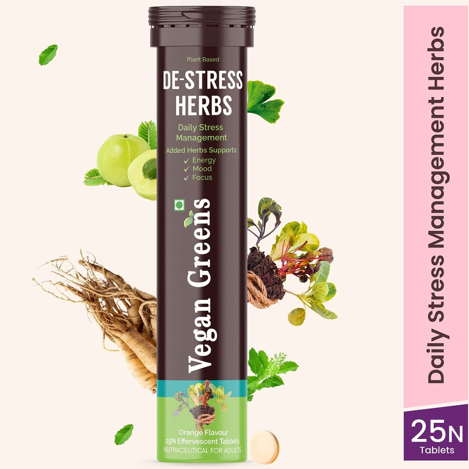 Vegan Greens Plant Based De-stress Ayurvedic Natural Herbs. Daily Stress Management 25 Effer.,orange