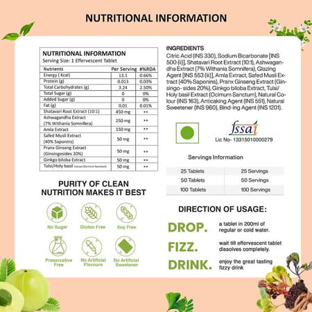Vegan Greens Plant Based De-Stress Ayurvedic Natural Herbs. Daily Stress Management 25 Effer.,Orange