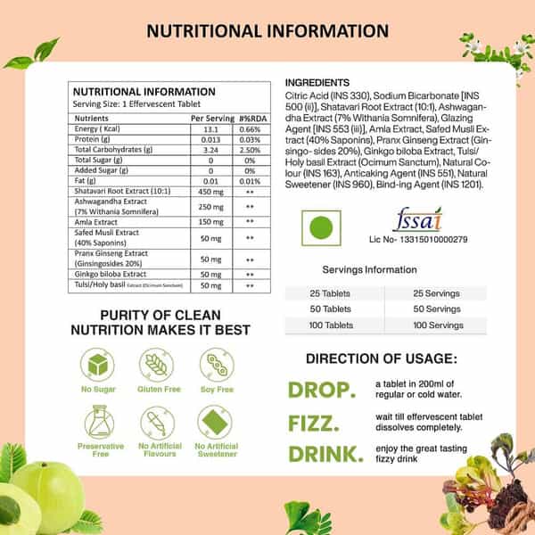 Vegan Greens Plant Based De-Stress Ayurvedic Natural Herbs. Daily Stress Management 25 Effer.,Orange