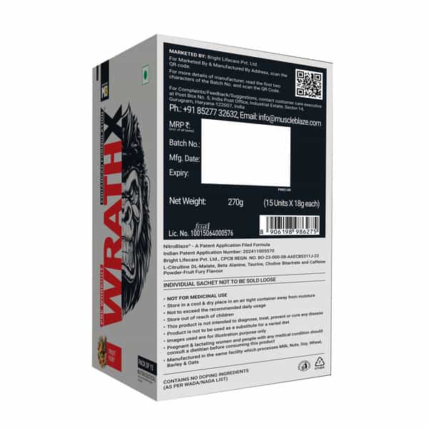 Muscleblaze Pre Workout Wrathx Powder| Fruit Fury| 270G | Crash Free With Caffeine & Citrulline