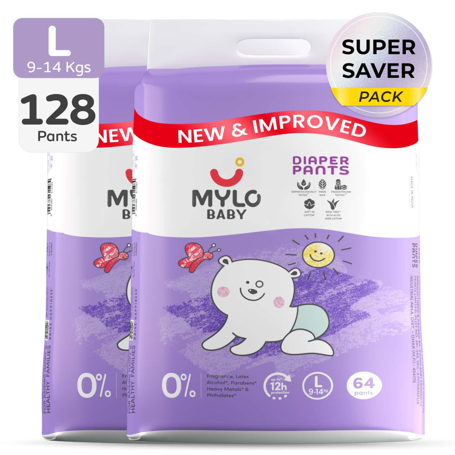 Mylo Baby Diaper Pants Large (l) Size 9-14 Kgs (128 Count) - Pack Of 2