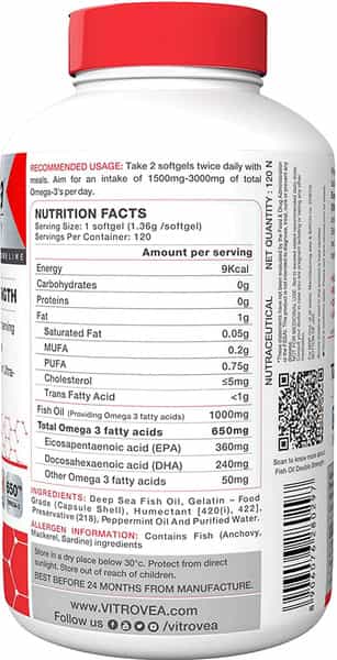 Vitrovea Double Strength Omega 3 Fish Oil Capsules 1000Mg - 120 Softgels