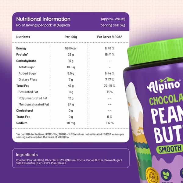 Alpino Chocolate Peanut Butter Smooth 1 Kg Jar|Creamy |High Protein Peanut Butter | Vegan