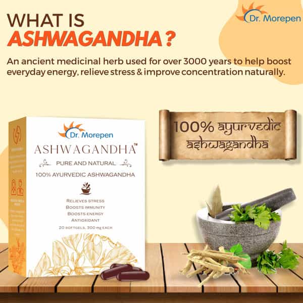 Dr. Morepen Natural & Pure Ashwagandha Capsules Ayurvedic Immunity Booster - 20 Softgels