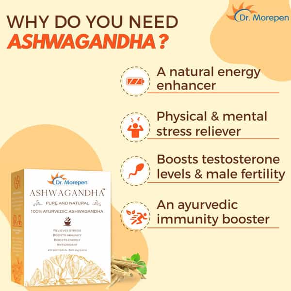 Dr. Morepen Natural & Pure Ashwagandha Capsules Ayurvedic Immunity Booster - 20 Softgels