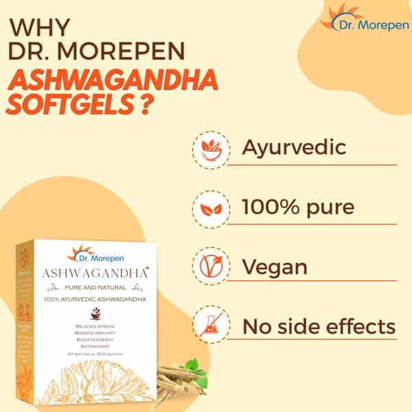 Dr. Morepen Natural & Pure Ashwagandha Capsules Ayurvedic Immunity Booster - 20 Softgels