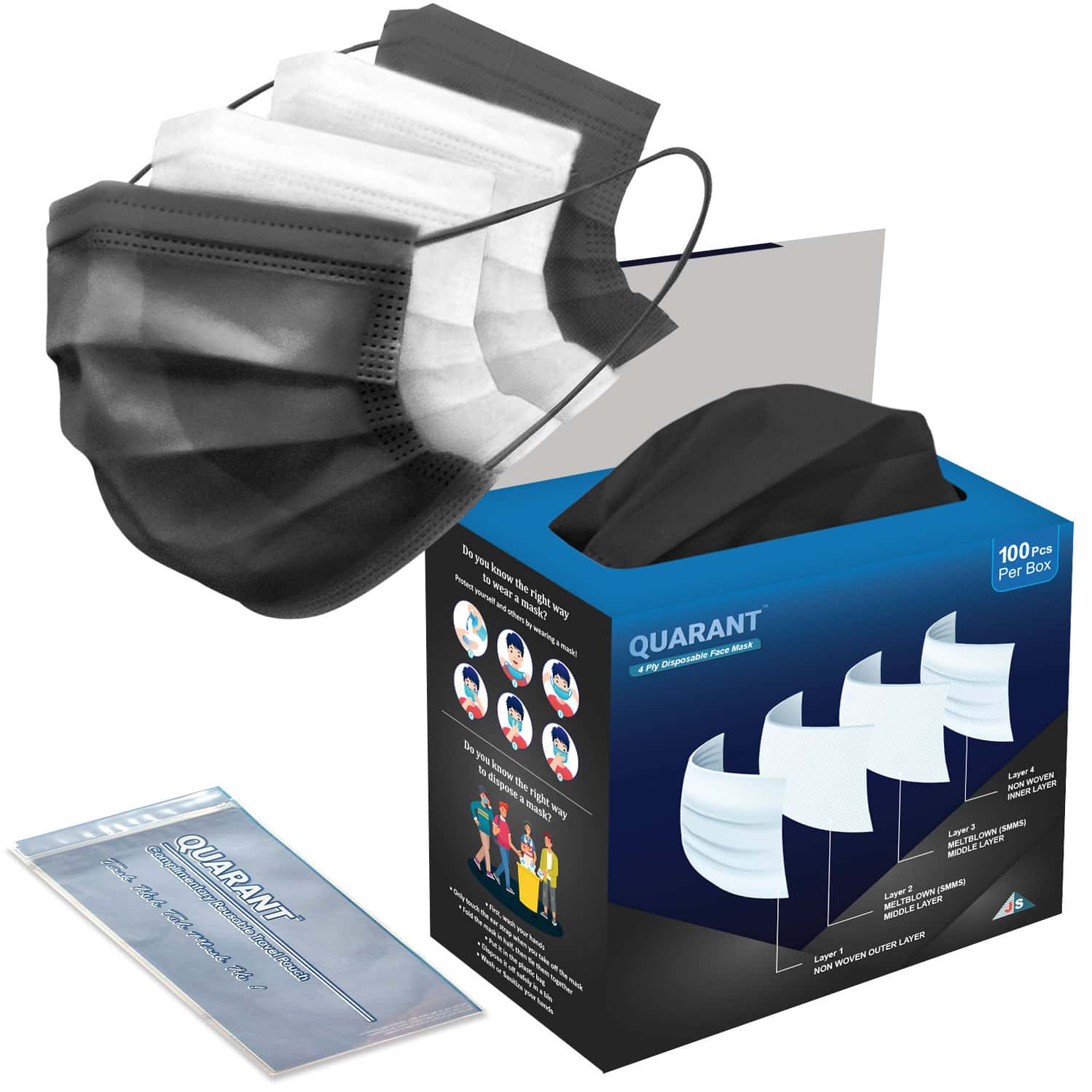 Quarant 4 Ply Black Surgical Face Mask With Adjustable Nose Pin | Uv Sterilized - Pack Of 100